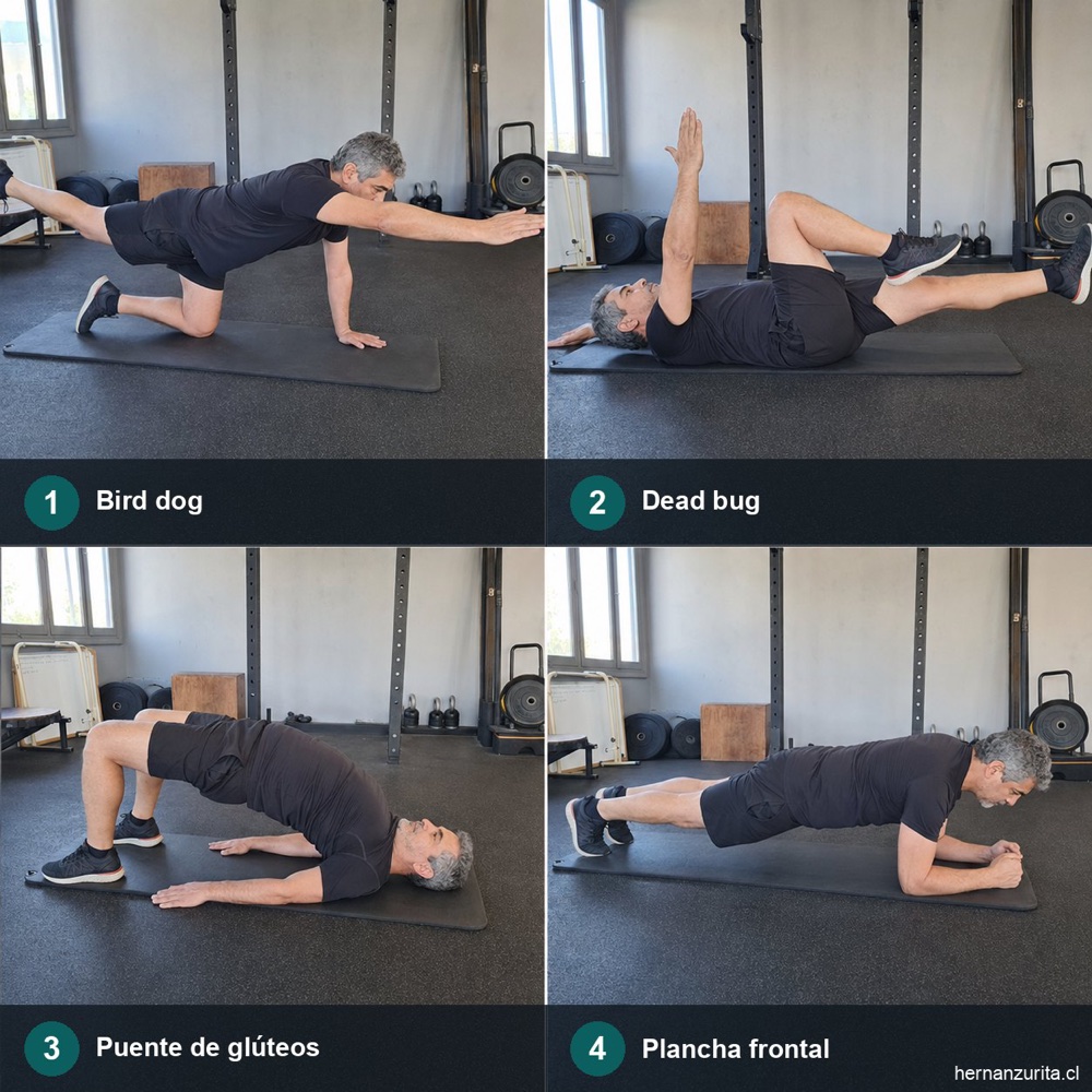 Cuatro ejercicios para la salud lumbar: bird dog, dead bug, puente de glúteos y plancha frontal