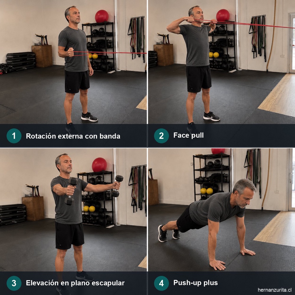 Cuatro ejercicios para el hombro: rotación externa con banda, face pull, elevación en plano escapular y push-up plus
