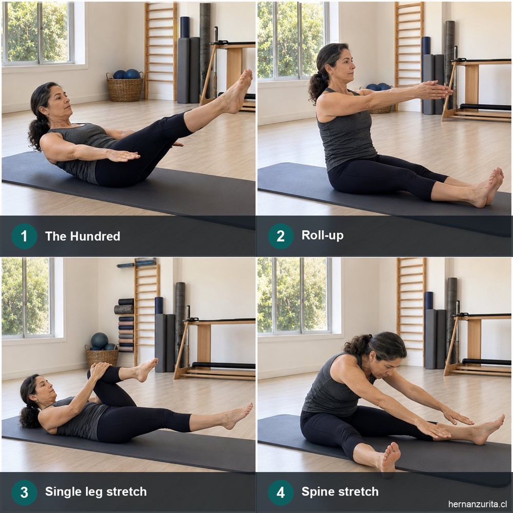 Cuatro ejercicios clásicos de Pilates de suelo: The Hundred, Roll-up, Single leg stretch y Spine stretch