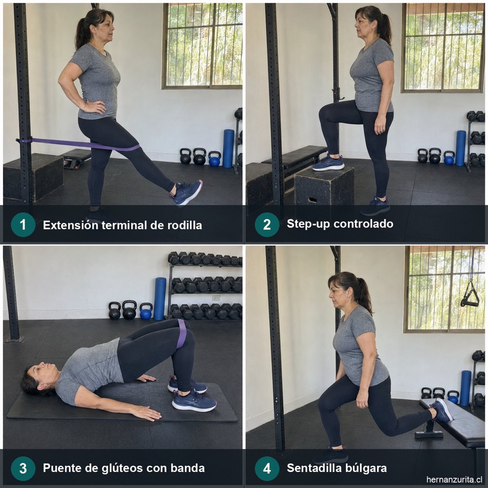 Cuatro ejercicios para la rodilla: extensión terminal de rodilla, step-up controlado, puente de glúteos con banda y sentadilla búlgara