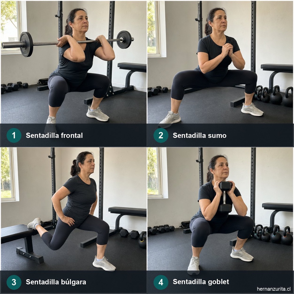 Cuatro variantes de sentadilla: frontal, sumo, búlgara y goblet